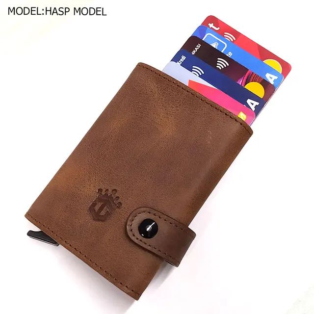 Smart Wallet Business Card Holder Real Cow Leather Handmade Smart Automatic Card Holder Men Gift Auburn