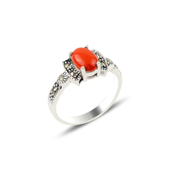 

Silver 925 Sterling Coral & Marcasite Ring