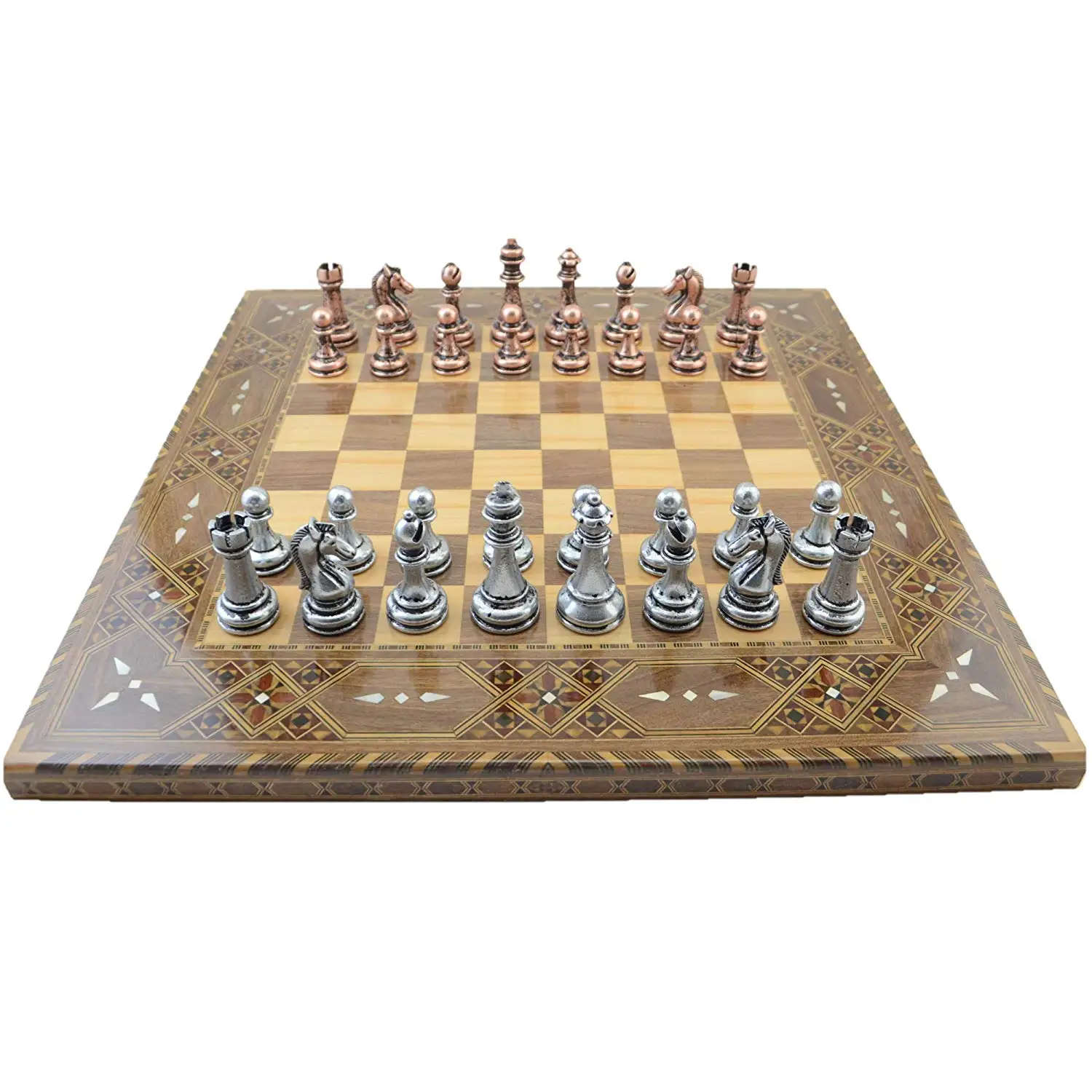 US $204.90 Classic Antique Copper Chess SetHandmade PiecesNatural Solid Wooden Chess Board with Original Pearl Around Board King 7 cm