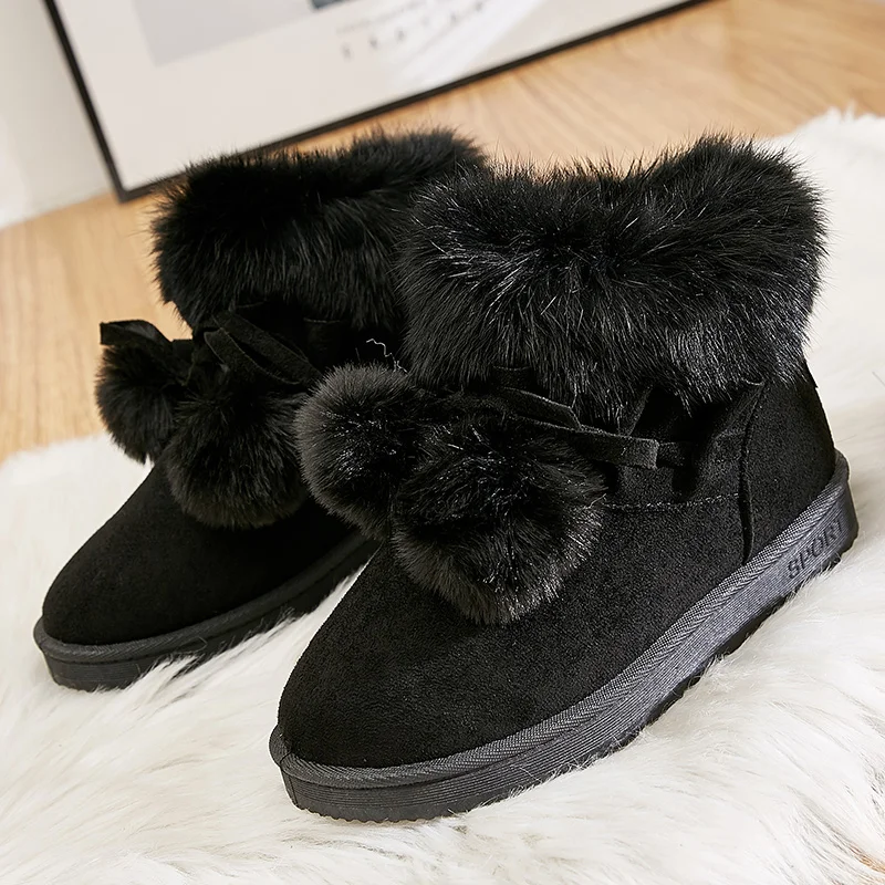

2019 New Winter Furry Bow Women's Snow Boots Short Tube Cotton Shoes All Matching Students Flat Straps Ankle Boots Size 35-40