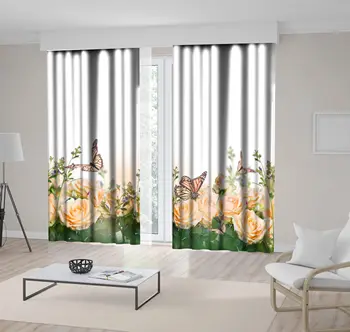 

Curtain Roses and Butterflies Classic Flower Garden Summer Blossoms Love Nature Theme Photo Beige Green