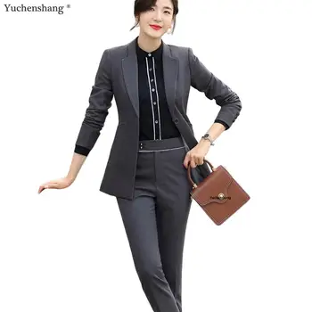 

Women Pant Suit With Special Pockets Fashion Blazer Jacket and Pant New 2019 Autumn Winter Gray 2 Piece Set Suit for office Lady
