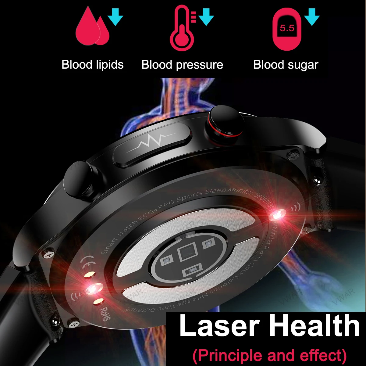 2022 NEW 650nm Laser Therapy Smart Watch ECG PPG Body Temperature Waterproof Men Health Fitness Tracker