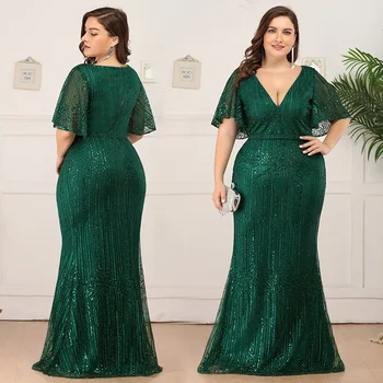

Plus Size Evening Dress Mermaid Short Sleeves Floor-length Deep V-neck Floor-length Sequin Dress Party Gown