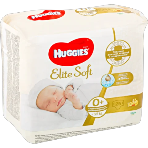 Baby Diapers Huggies elite soft 0 +, up to 3.5 kg, 25 PCs.