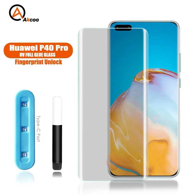 

Akcoo UV Liquid full glue tempered glass for Huawei P40 Pro Screen Protector with fingerprint unlock case friendly P40 Pro film