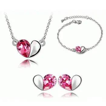 

Angemiel Crystal Cubic Zirconia Pink Heart Necklace Earrings Bracelet Jewelry Set