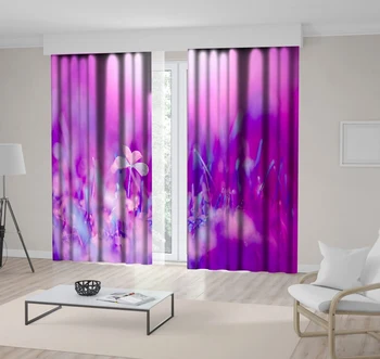 

Curtain Spring Flowers Grasses Sun Rays in Natural Soft Colors Sunny Morning Scenery Photo Fuchsia Blue