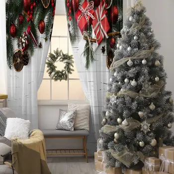 

Curtain Ornaments Baubles Pine Tree Branches Cones Gifts Bells on Wooden Table Photo Red Beige Green