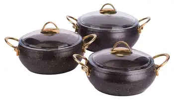 

Cookware Set 3 piece Granite Stew Pot Black Gold Handle Made in Turkey