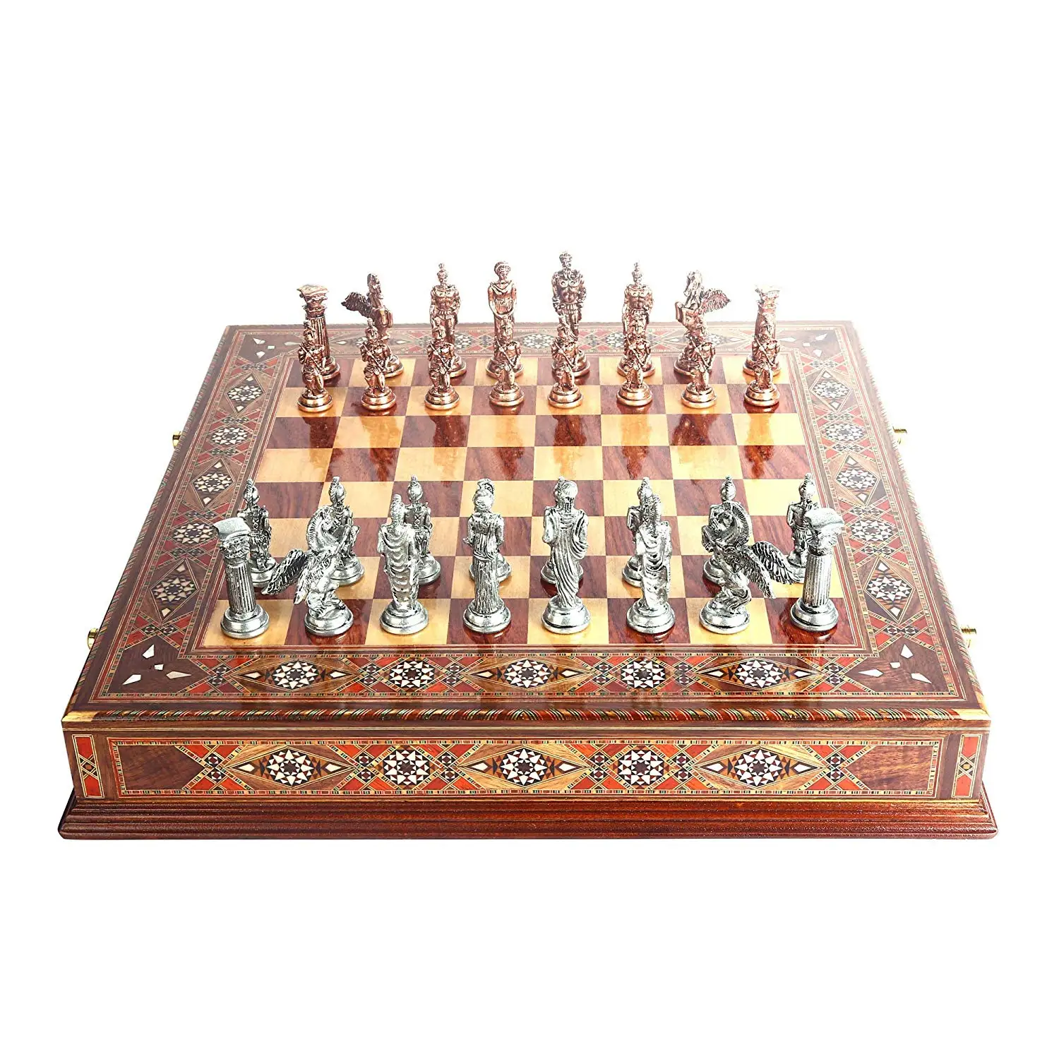 

Metal Chess Set Pegasus Antique Copper Handmade Pieces,Natural Solid Wooden Chess Board,Original Pearl,Storage Inside King 9 cm