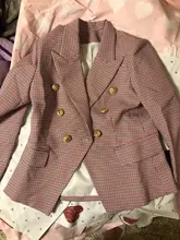Houndstooth Blazer Jacket Buttons Classic Double-Breasted Womens High-Street Metal Newest