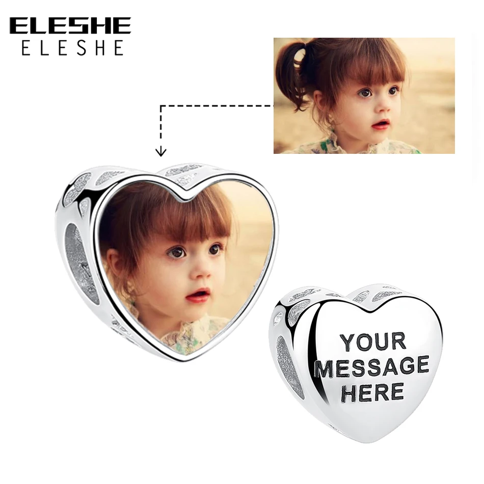 

ELESHE Personalized Photo Charm 925 Sterling Silver Engrave Name Heart Charm Beads Fit Original Bracelet Women Jewelry Making