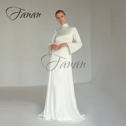 High Neck Long Sleeve A-Line Simple Wedding Dresses Backless Satin Sweep Train Bridal Gown vestidos de novia robe de mariée