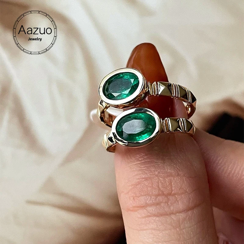 Aazuo 18K Fine Jewelry Yellow Gold Real Natrual Emerald 0.90ct Classic Oval Ring Gift For Women Engagement Wedding Party Au750