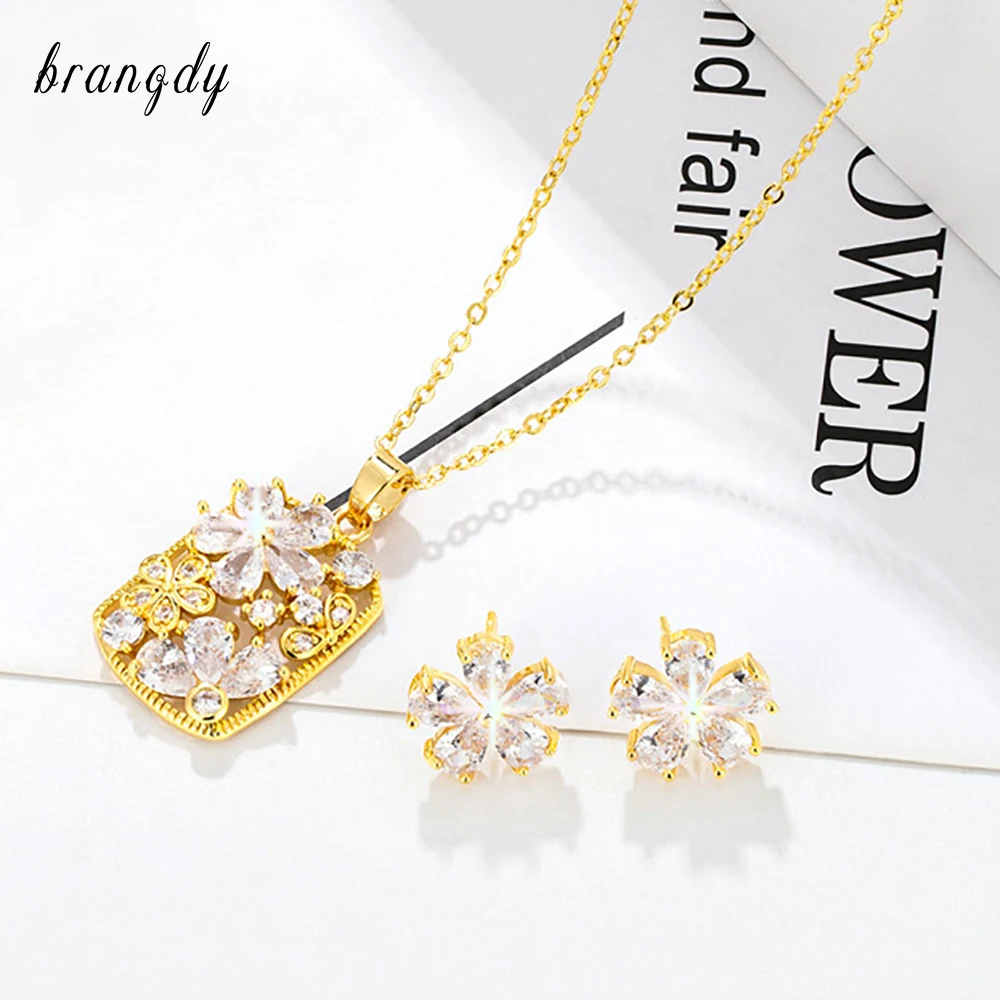 Best Selling Set Woman 2 Pieces Flower Real 24k Gold Plated Cubic Zircon Necklace Earrings 2022 Trend New Luxury Quality Jewelry