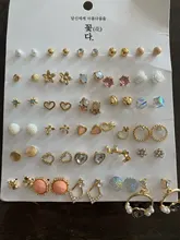 Juego de 30 par/lote de grandes ofertas, moda coreana, flor dulce, lazo en forma de corazón, pendientes de color oro rosa para mujer, conjunto de colores