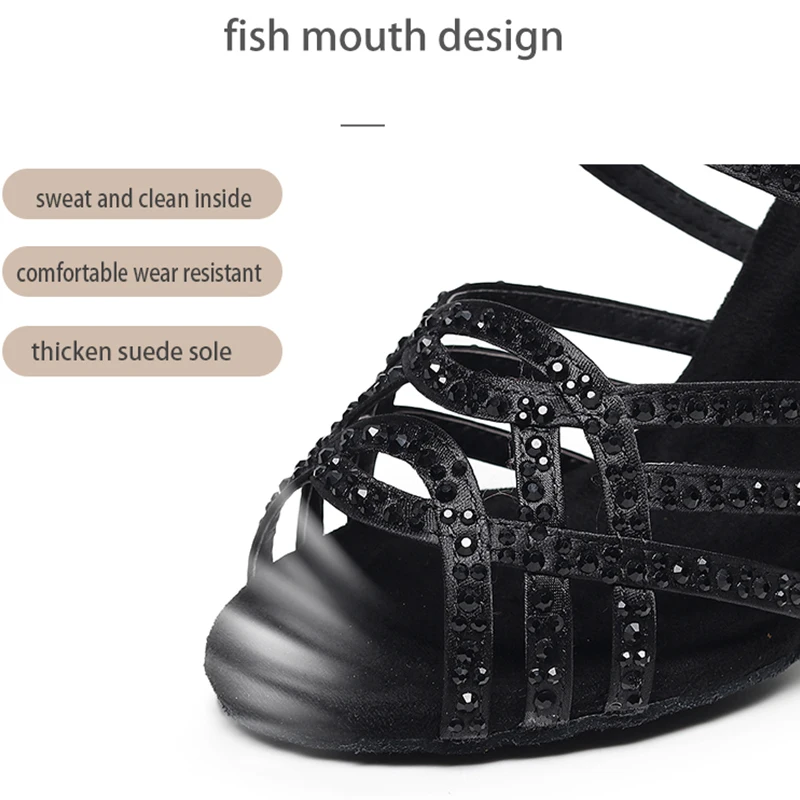Woman black Strappy latin dance shoes for gilrs rhiestone ballroom Performance Dance Shoes girls Suede Sole latino shoes