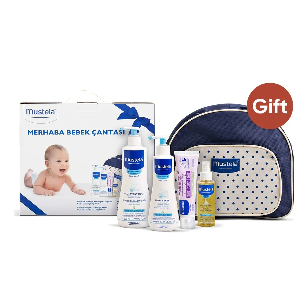 Mustela Hello Set di borse per la cura del neonato, massaggio del