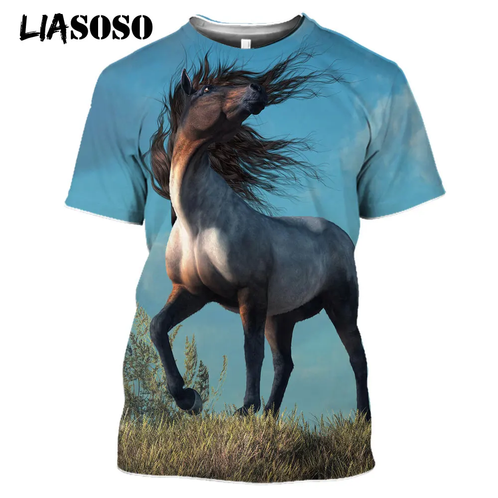 LIASOSO 2021 3D Print Robust Horses Snow Anime Horse Animals Tshirt Women Men Casual T-shirt Pullover Short Sleeve Large Clothes