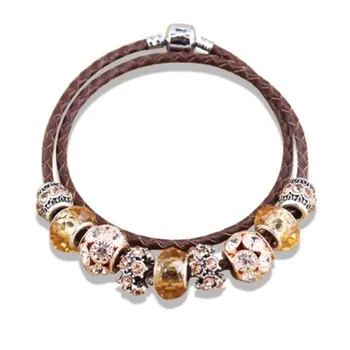 

Angemiel Brown Leather Crystal Charm Bracelet