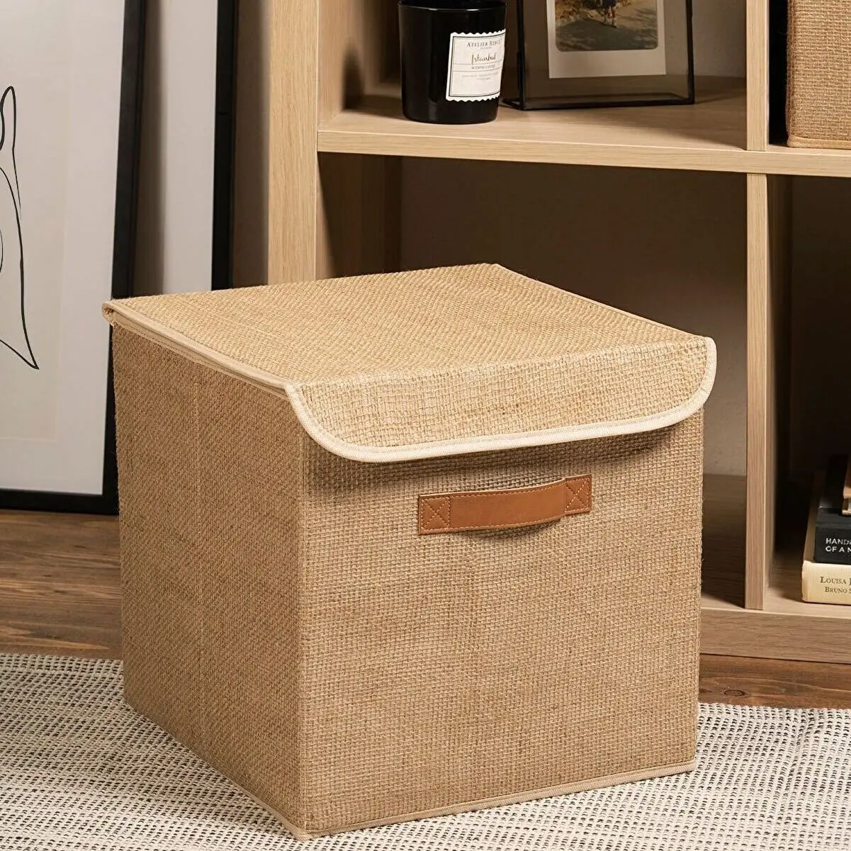 

Jute Storage Box Basket Square Household Rattan Boxes Foldable Wardrobe Office Book Shelf Organizer Laundry Sundries Container