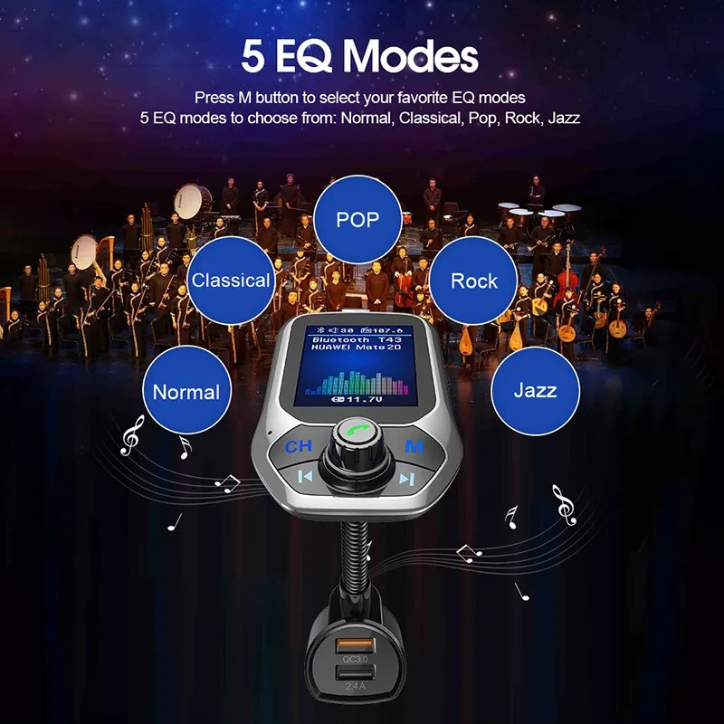 Автомобильный fm-передатчик с большим экраном 1,8 дюйма, Bluetooth, FM модулятор, QC 3,0, автомобильное зарядное устройство, AUX музыкальный плеер с четырьмя режимами воспроизведения