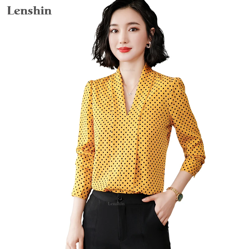Lenshin Свободная шифоновая рубашка в горошек, дышащая мягкая драпированная блузка с v-образным вырезом, женская одежда, повседневный стиль, офисные женские топы