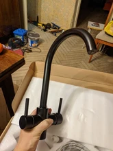 ROVOGO, grúa filtrada de doble mango negro mate para cocina, grifo con filtro de agua de rotación de 360, grifo mezclador de fregadero de cocina de tres vías