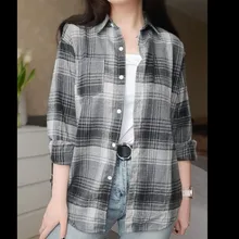 Plaid Shirt Tops Long-Sleeve Office Women Coat Loose Ladies Karsany And