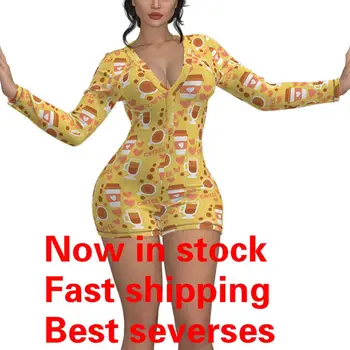

Women Sexy Deep V-Neck Bodycon Jumpsuit Leotard Top Floral Print Button Long Sleeve Bodysuit Pajamas Sleepwear