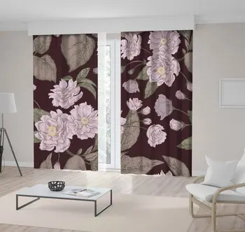 

Curtain Floral Pattern with Leaves Flowers and Branches on Burgundy Background Vintage Artwork Lilac Green