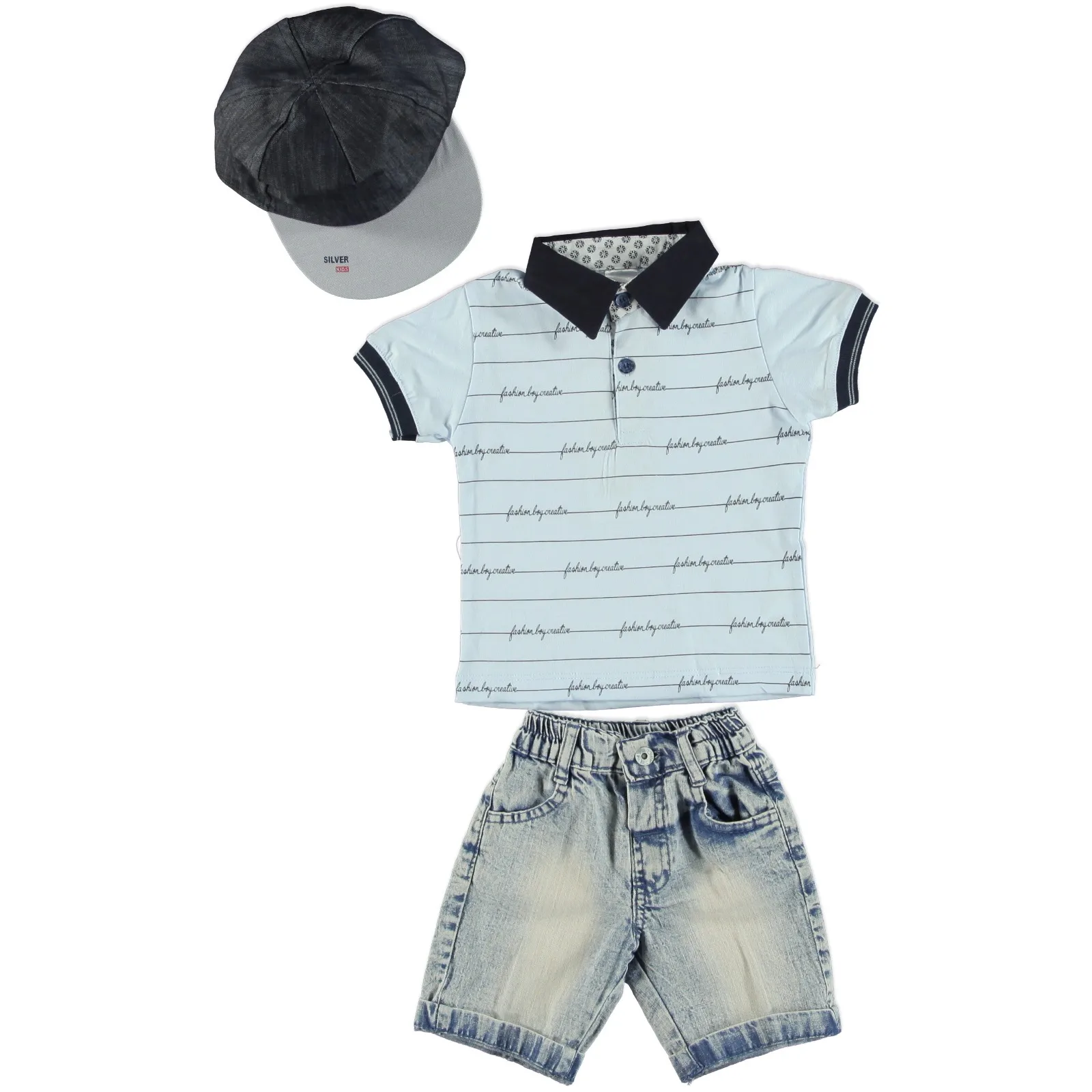 

ebebek Bombili Baby Boy Fashion Creative Polo Neck Tshirt Denim Short Set 3pcs