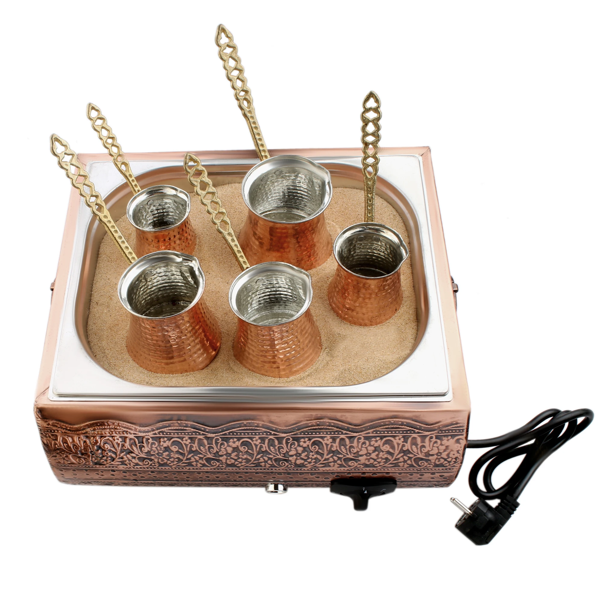 Authentic Turkish Copper Electric Hot Sand Coffee Maker Heater Machine 110V-220V + 5 Size Turkish Coffee Pot and as gift coffee maker
