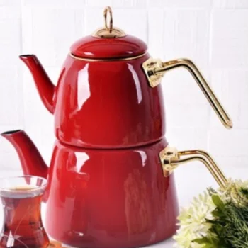 

Made In Turkey-luxury enamel teapot big size top teapot 1lt bottom 2lt nostalgic turkish tea set double kettle 4 color options