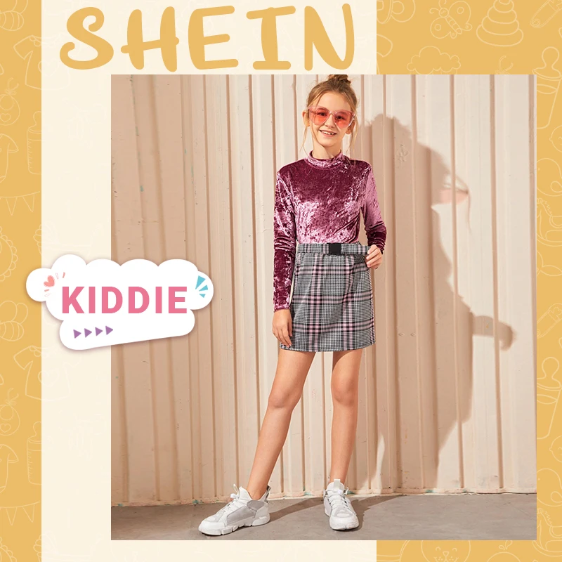 SHEIN Kids/Розовая однотонная Повседневная бархатная футболка с воротником-стойкой для девочек; Топ для подростков; осень г.; детские базовые футболки с длинными рукавами