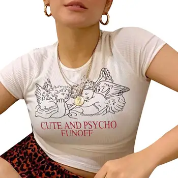 

Sexy Women Cute and Psycho Print White Knitted Harakuju Cropped Tops Short Sleeve Sheer Slim Sexy Ladies O Neck T-Shirt
