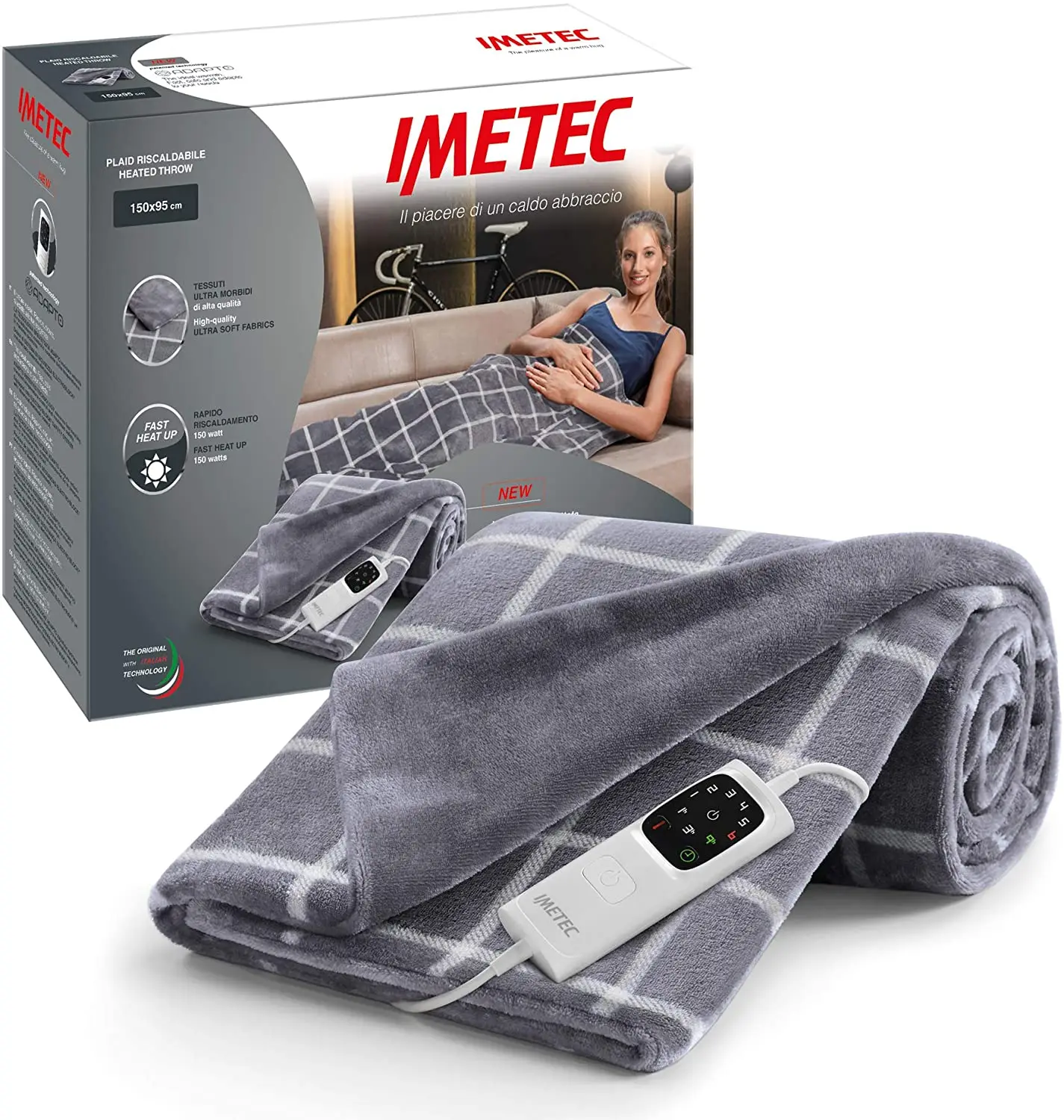 Imetec Adapto Velvet Square Electric Blanket measuring 150 x 95 cm, Velvety  and Silky Fabric, 6 Temperatures