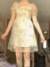 Mini Dress Puff-Sleeve Lace Print Chiffon French Korean-Style Sexy Vintage Women Floral