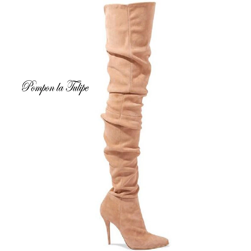

Cow Suede Elastic Microfiber Leather Over The Knee Boots 10CM High Heel Women Boots Street Trend 2019 Fashion Shoes Catwalk Chic