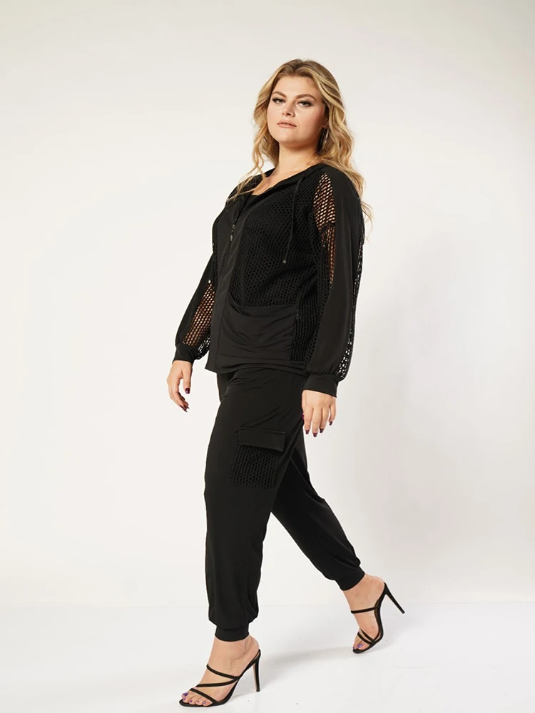 Mesh Sleeve Hooded Zipper Black Color Autumn Knitwear Cardigan Plus Size Outwear For Women 4xl 5xl 6xl New Fashion Casual Style
