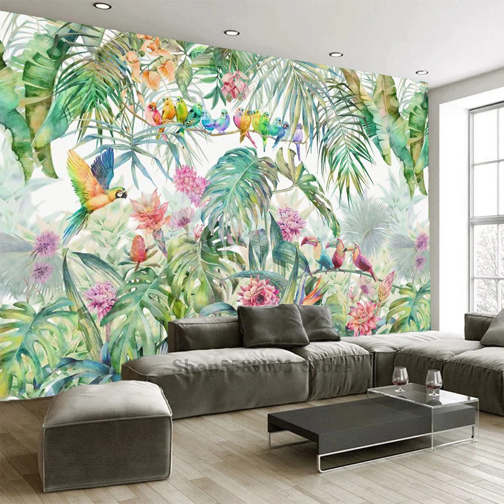 Papel pintado con foto 3D personalizado, cuadro de pared moderno de bosque  Tropical, hoja, Animal, flamenco, Mural de fondo de TV para sala de estar -  AliExpress