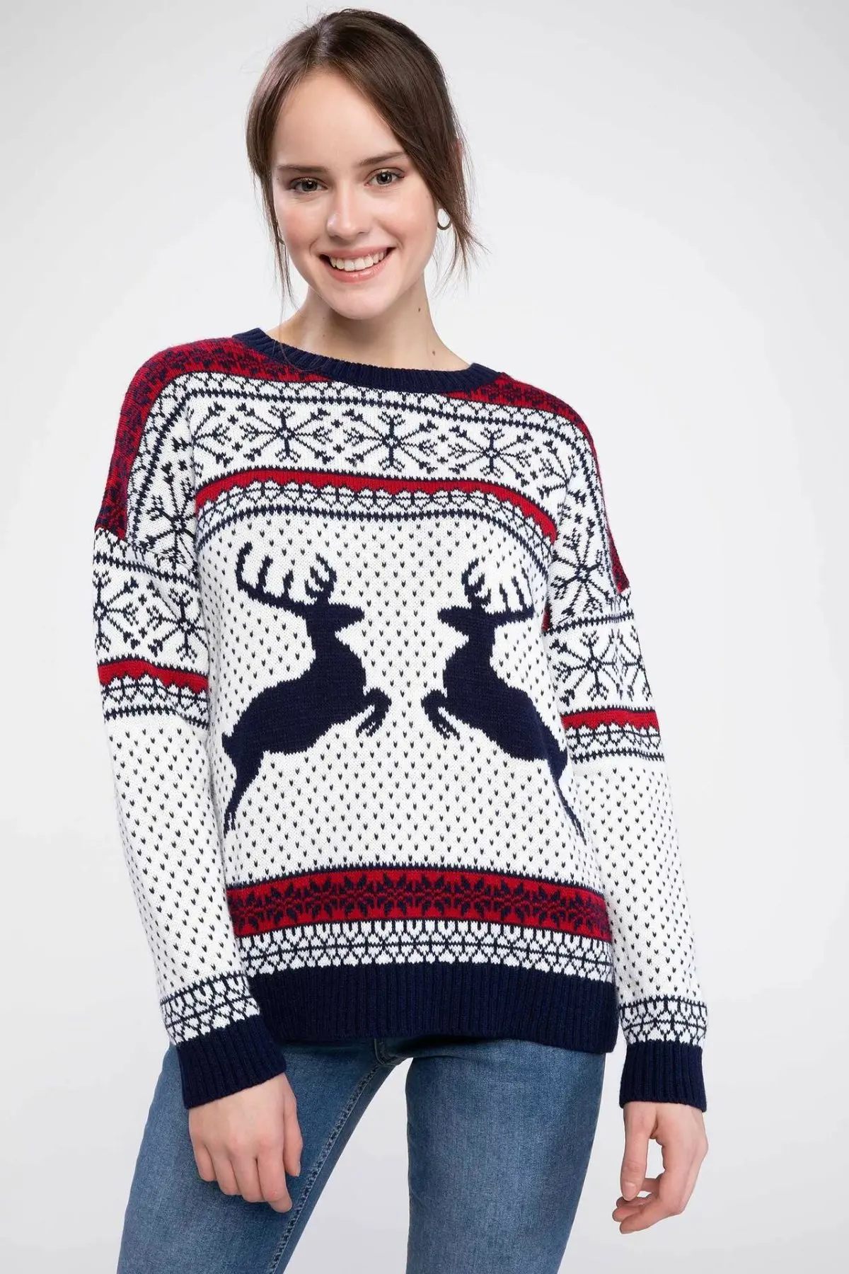 DeFacto/Женские Простые пуловеры с геометрическим рисунком оленя, Повседневные пуловеры с длинными рукавами, свободные женские осенние
