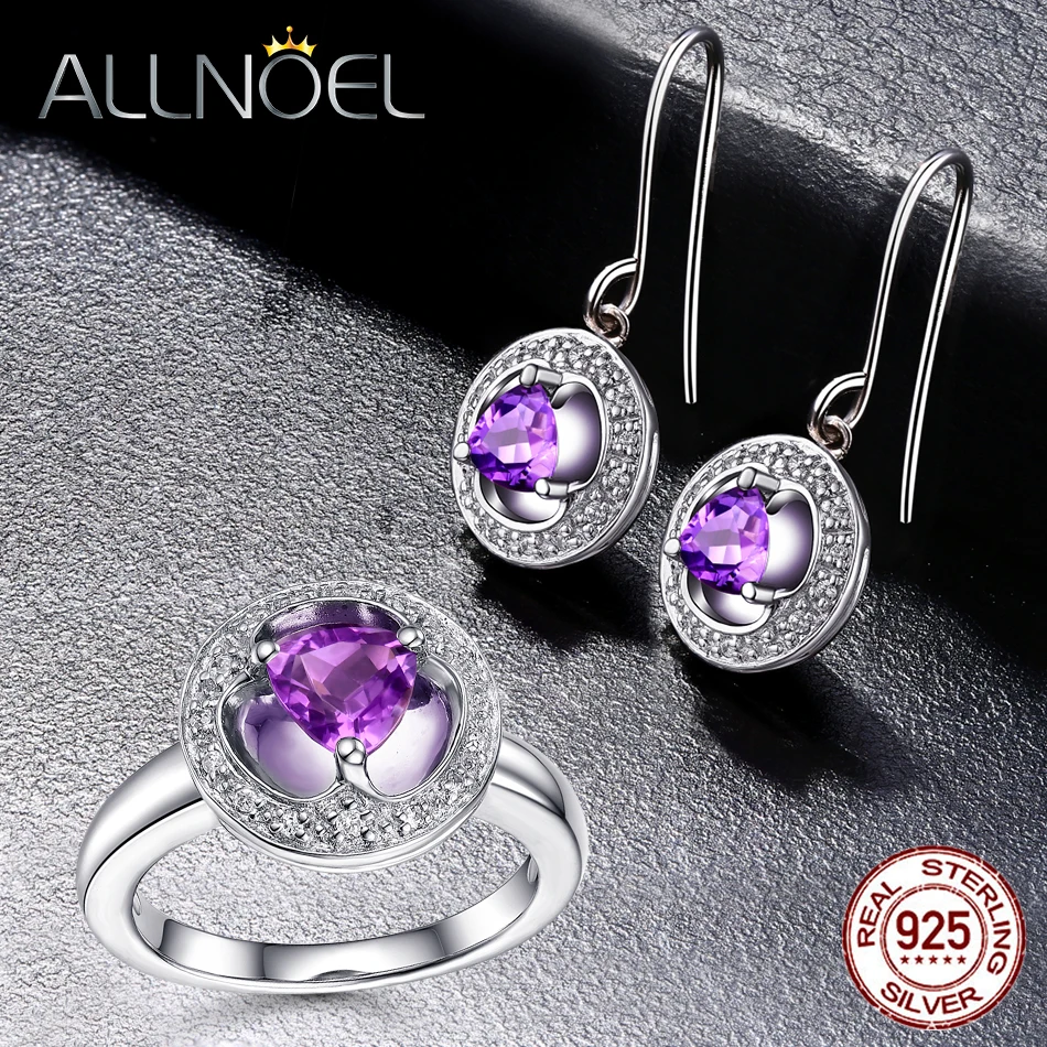 ALLNOEL 925 пробы Серебряные Ювелирные наборы для женщин Классический Романтический натуральный аметист роскошный драгоценный камень кольцо Висячие серьги набор