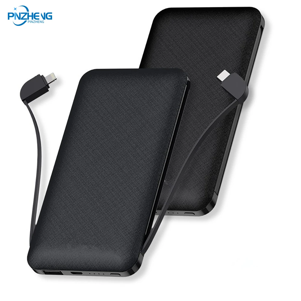 

PINZHENG Thin Power Bank 10000mAh Large Capacity Portable Charger Fast Charging Built-in Lightning And Type-C Cable PowerbankPIN