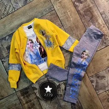 

Frozen Girl Clothing Sets 4T-11T Size Three Pieces Yellow Color Frozen Girl Clothes Teenage girls' clothes free shipping clothes