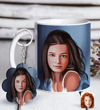 

Personalized Women 'S Artistic Portrait Design White Mug and Keychain Gift Seti-10