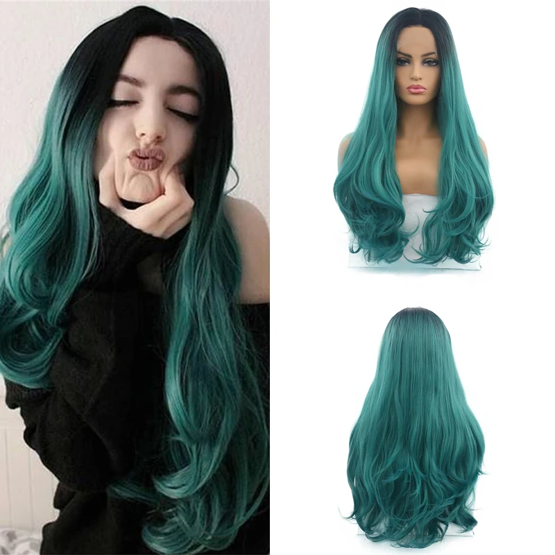 

Charisma Synthetic Ombre Green Natural Wavy Lace Frontal Wigs High Temperature Heat Fiber For Daily Use Fashion Women African