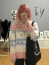 Suéter de punto Kawaii japonés para mujer, jersey de manga larga con estampado de fresa, Top de punto Rosa Vintage para Otoño e Invierno