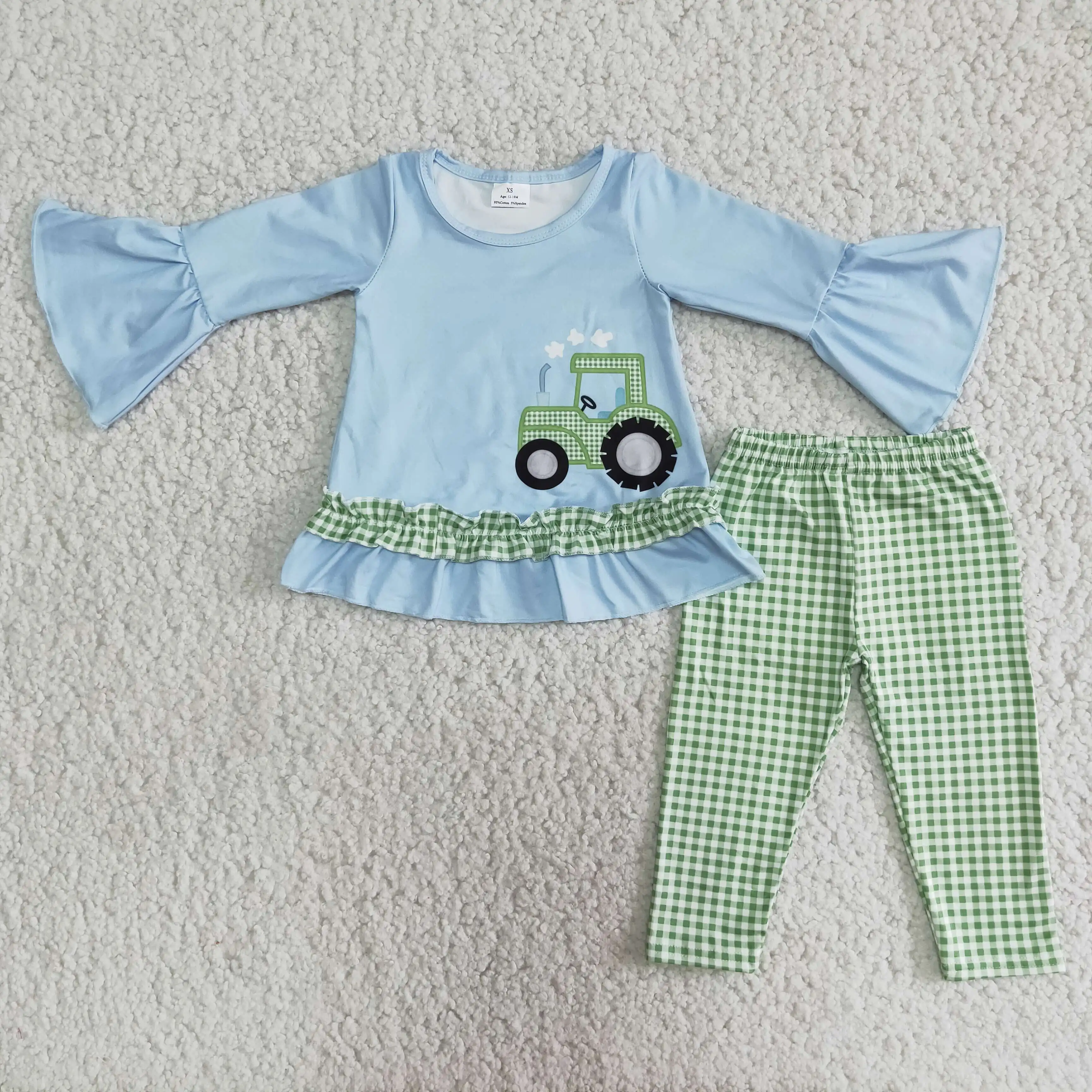 

Boutique design girl trumpet sleeve sky blue blouse car pattern green and white plaid printing leggings kids clothing 2pcs